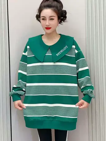 韩版2023年早秋装新款爆款胖mm休闲设计感宽松显瘦娃娃领卫衣上衣图片