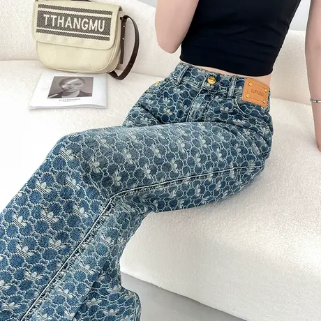 美式复古提花阔腿牛仔裤女春秋新款高腰直筒宽松垂感拖地裤设计感商品大图