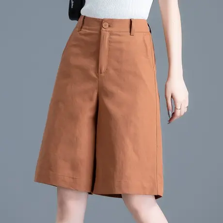 卡其色棉麻短裤女夏季薄款a字阔腿西装五分裤女高腰休闲亚麻中裤商品大图