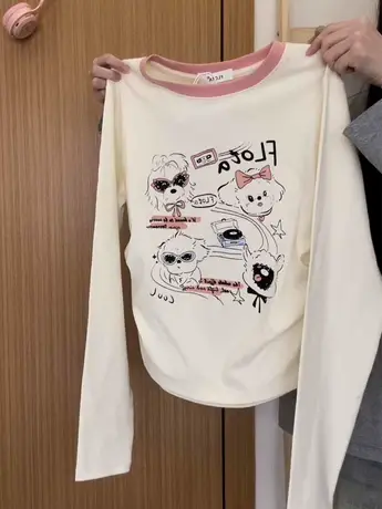 红续日系卡通狗狗拼色长袖T恤女甜妹减龄收腰打底衫上衣秋冬新款商品大图