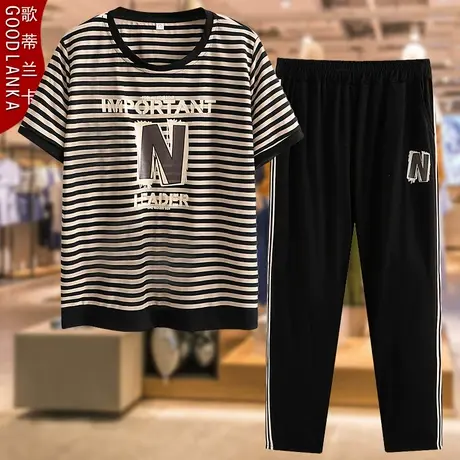中年大码妈妈夏装套装洋气宽松条纹上衣中老年女休闲运动服两件套商品大图