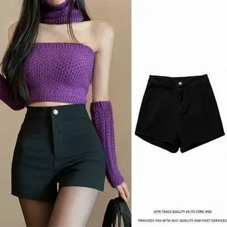 2024春夏季韩版A字阔腿短裤女黑色高腰休闲裤百搭显瘦外穿热裤子商品大图