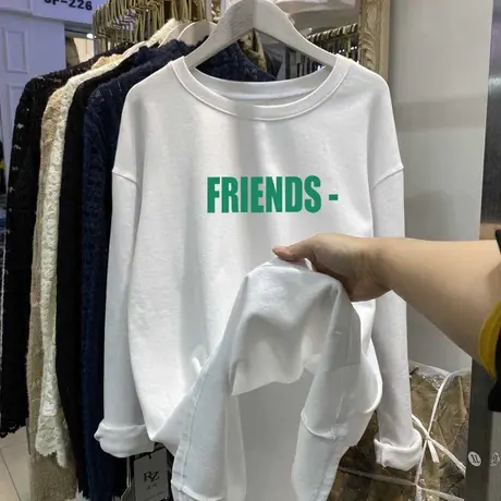 白色磨毛t恤女长袖2022春秋季内搭字母印花宽松纯棉中长款打底衫商品大图