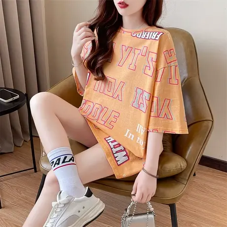潮牌2023年新款设计感小众印花t恤女短袖中长款大码宽松夏季上衣商品大图