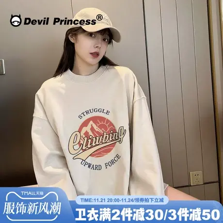 2024新款复古韩系小众圆领卫衣女oversize宽松设计感印花秋冬上衣商品大图