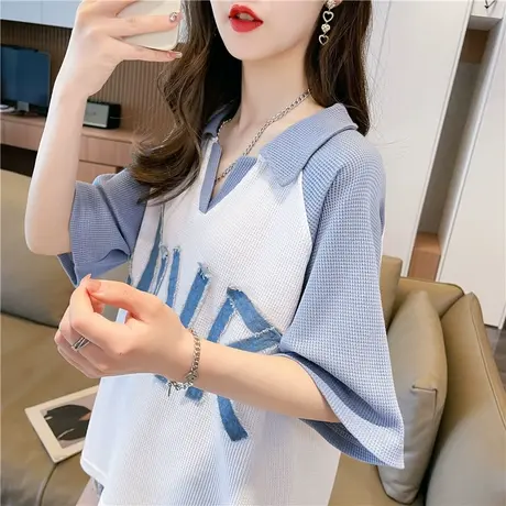 翻领polo衫短袖t恤女夏季韩版宽松大码设计感小众娃娃领撞色上衣商品大图