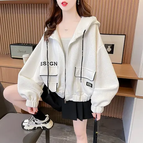 早春装连帽短款卫衣女春秋季韩版宽松薄款初春百搭小个子开衫外套图片