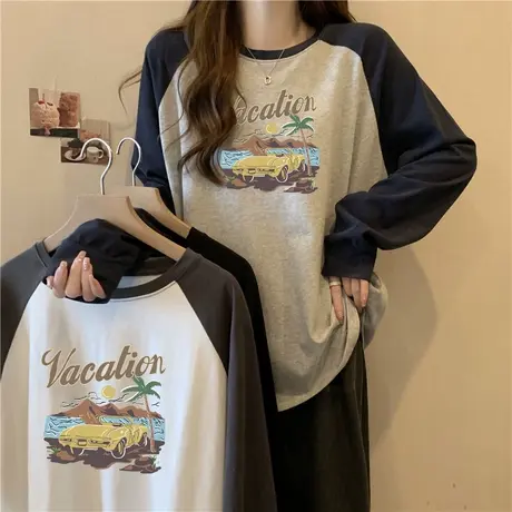 韩系chic港味插肩长袖T恤女秋冬内搭德绒保暖打底衫撞色宽松上衣商品大图