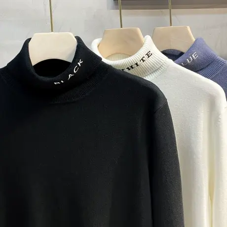 秋冬新款小刺绣男士高领毛衣韩版加厚保暖打底衫男针织衫百搭上衣商品大图