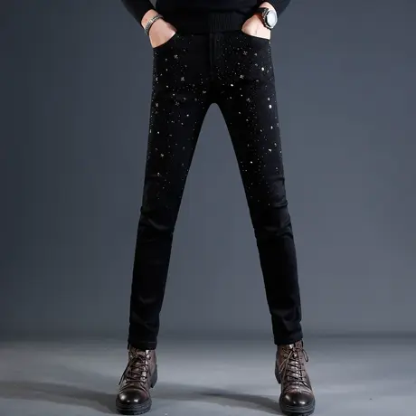 黑色牛仔裤男2023秋冬新款时尚烫钻修身小脚男士潮流弹力休闲裤子商品大图