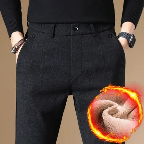 磨毛呢男士加绒裤子秋冬季保暖外穿加厚休闲长裤宽松直筒中年爸爸图片