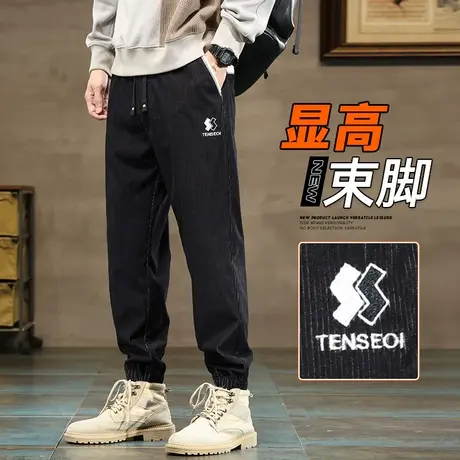 男士美式高街黑色九分休闲裤子春秋款松紧腰束脚工装2024新款男装商品大图