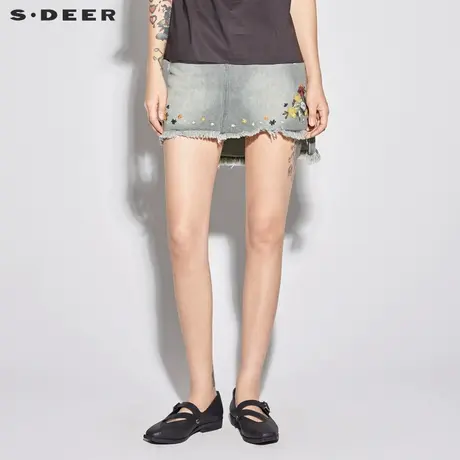 sdeer 圣迪奥 女装气质灰时尚破洞牛仔绣花短裙S18281314图片