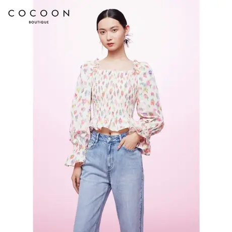 商场同款2023春新款浪漫模糊花卉打揽泡泡袖设计雪纺衫女图片