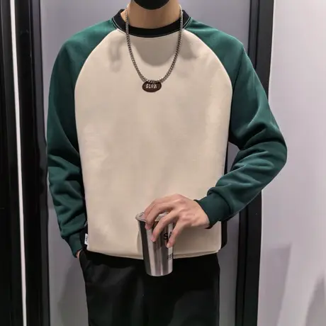 美式撞色插肩袖加绒卫衣男秋冬季新款ins小众轻熟休闲长袖t恤内搭商品大图