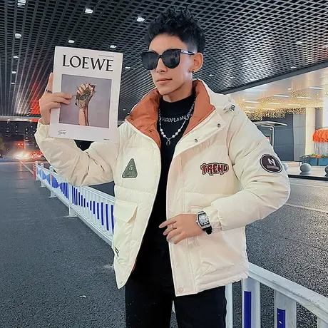 连帽工装棉衣男冬款撞色刺绣贴布痞帅高级感潮牌时尚个性棉服外套商品大图