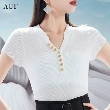 AUI白色气质修身V领短袖针织衫女2023夏新款小众设计感百搭薄上衣图片