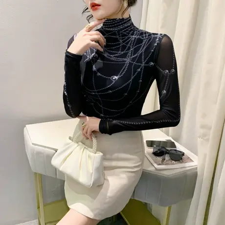 设计感长袖网纱印花加绒秋冬新款T恤半高领洋气上衣女修身打底衫商品大图