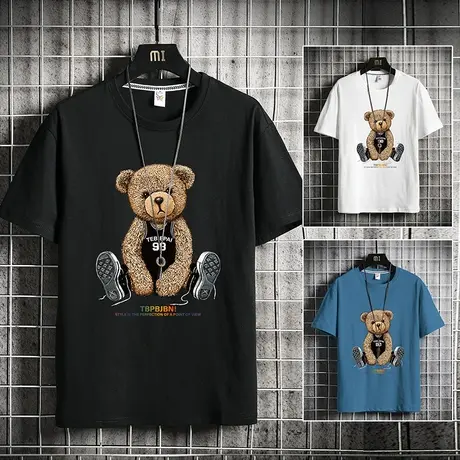圆领小熊短袖t恤男潮牌ins夏季半袖港风韩版情侣打底衫宽松体恤薄商品大图