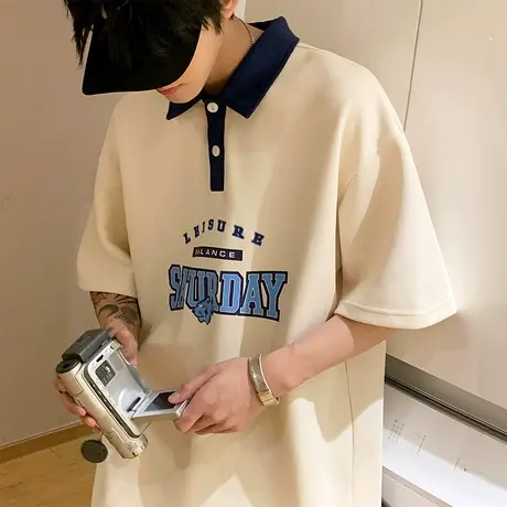 短袖t恤Polo衫男2023新款夏季美式重磅情侣半截袖国潮保罗衫体桖图片