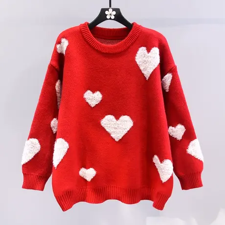 日系爱心提花新年红色毛衣女冬季2024新款宽松慵懒风洋气针织上衣商品大图