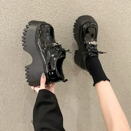 超厚底小皮鞋女英伦风单鞋2024春新款黑色系带圆头增高跟鞋子女鞋图片