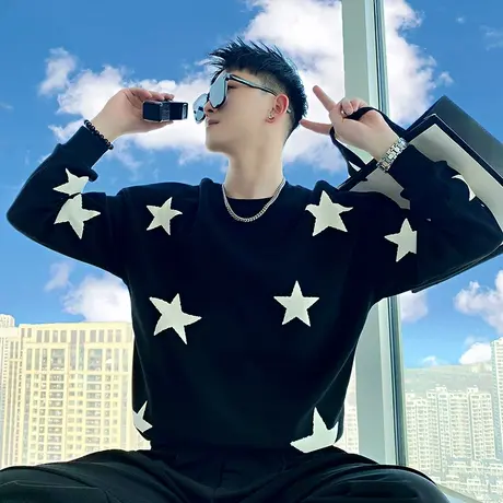 春季卫衣t恤男2024新款潮流韩版休闲ins小众星星印花圆领上衣外套图片