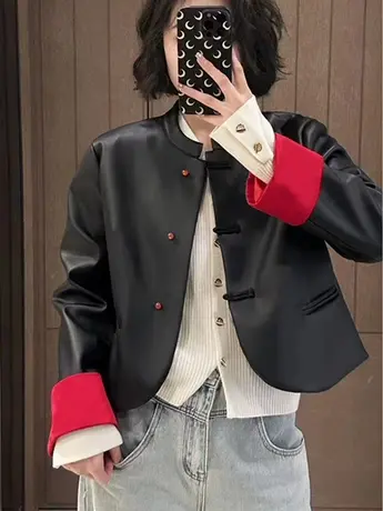中国红国风新款仿绵羊皮衣2024春装立领皮夹克新中式短款外套女潮图片