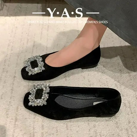 法式高级感黑色绒面水钻单鞋女鞋2024新款春季气质方头通勤鞋潮商品大图