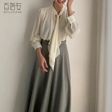 百洛安优雅知性通勤衬衫女春新款法式飘带领宽松百搭长袖衬衣上衣图片