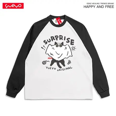 悦游 惊喜猫 鬼脸猫咪拼色长袖T恤男透气休闲纯棉宽松插肩袖图片