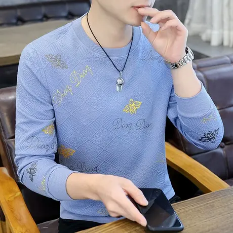 男士长袖t恤2022新款秋衣小衫打底衫秋装印花压花青年卫衣上衣服图片