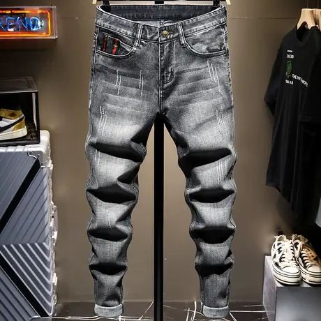 夏季薄款灰色欧美潮牌牛仔裤男修身小脚男装长裤子男高端街头男装商品大图