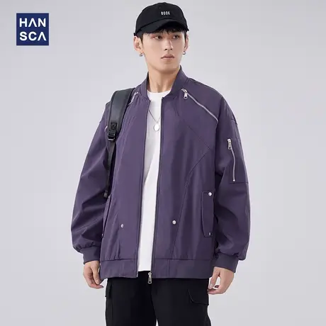 hansca小众拉链设计感外套男士秋冬季美式高街纯色休闲飞行员夹克商品大图