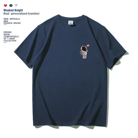 夏季潮牌港风趣味宇航员印花短袖t恤男学生宽松情侣纯棉圆领体恤图片