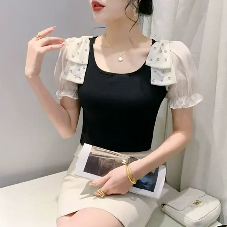 设计感蝴蝶结女短袖欧货方领网纱拼接重工钉钻上衣修身百塔打底衫商品大图