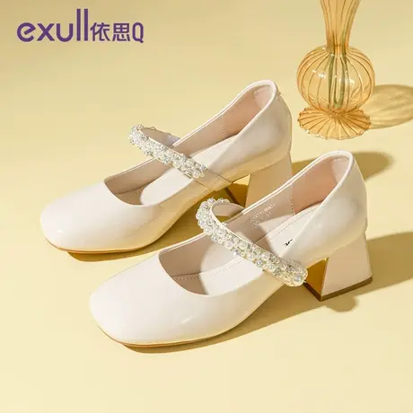 依思q粗跟单鞋女2024春季新款法式玛丽珍女鞋子浅口小皮鞋高跟鞋图片