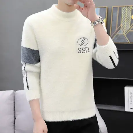 水貂绒毛衣男士半高领打底衫加绒加厚青少年保暖线衣男秋冬季潮流商品大图