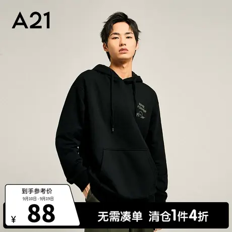 A21outlets男装宽松连帽衫落肩长袖卫衣秋季男士上衣黑色ins潮牌商品大图