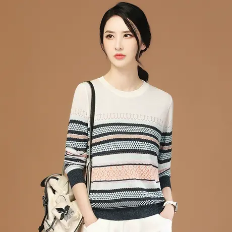 韩潮袭人民族风圆领长袖条纹针织衫女2023秋新款宽松毛衣上衣薄商品大图