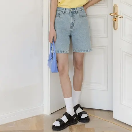 omont蛋挞家 复古直筒高腰撞色线牛仔短裤夏季女浅色百搭五分裤图片