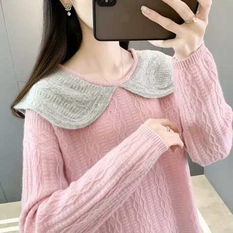 毛衣女秋冬2022新款韩版娃娃领纯色外穿加厚内搭打底针织衫羊毛衫商品大图