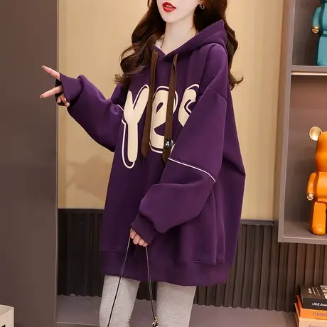 加绒加厚卫衣女中长款2023新款秋冬季宽松设计感百搭oversize外套图片