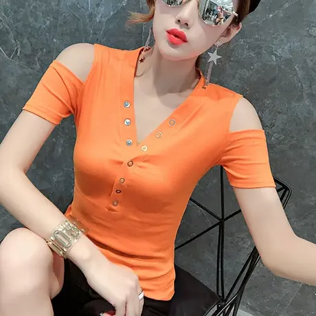 女装2023新款潮性感露肩V领短袖T恤女夏季修身心机上衣纯棉半袖女商品大图