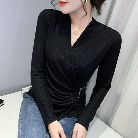 性感V领交叉T恤女装不规则气质上衣修身百搭网纱打底衫女长袖春装商品大图