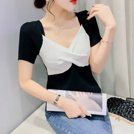 设计感撞色短袖针织衫女洋气紧身百搭T恤夏装欧货网红个性上衣潮图片