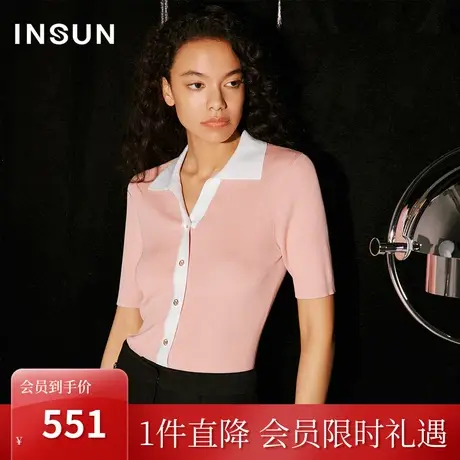 恩裳COVER2023秋季新款真丝天丝混纺撞色POLO领竖坑条针织短袖女商品大图