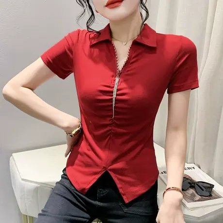 欧货拉链POLO领T恤女短袖ins设计感开叉辣妹上衣夏季百搭修身小衫商品大图