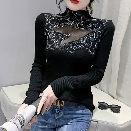 性感网纱拼接针织衫女长袖重工烫钻毛衣内搭紧身半高领打底上衣潮商品大图
