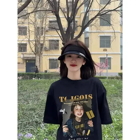 夏季人物图案印花T恤女黑色美式嘻哈重磅小众高级感时髦潮牌上衣商品大图